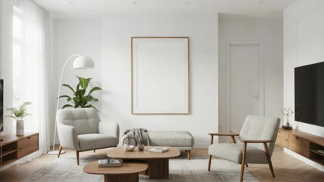 Modern Living Room with Neutral Tones and Natural Light Featuring Gray Armchairs and Wood Accents