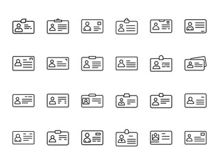 "ID Card and Name Badge Icon Set – Minimal Line Art Icons for Identification, Employee Pass, Access Card, and Personal Profile Design"