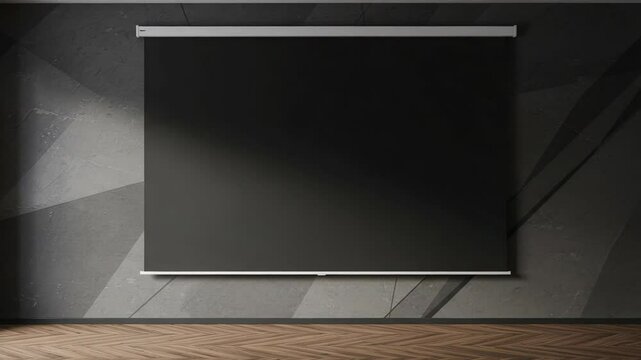 Modern Room with Large Black Projector Screen on Patterned Gray Wall and Light Wood Floor for Adobe Stock Photo