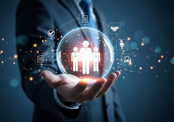 Businessman holding a transparent sphere with glowing people icons and business symbols connected by lines