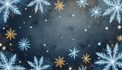 Elegant Blue and Gold Snowflake Pattern on Dark Background for Holiday and Winter Design