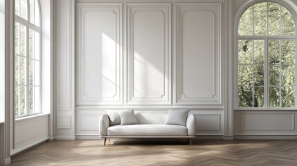 Sunlit white room with beige sofa