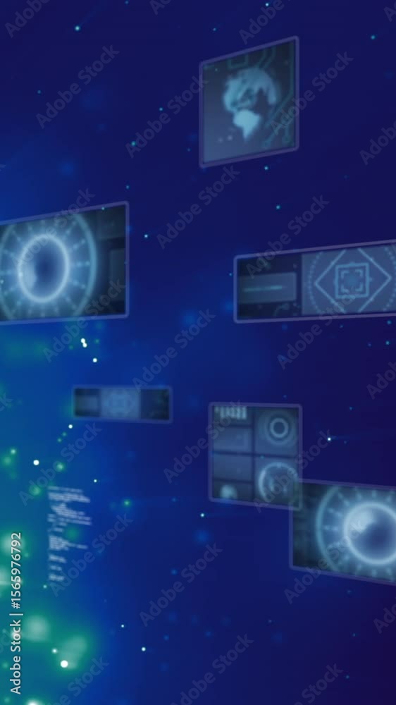 Poster animation of scopes scanning and data processing over screens on dark background