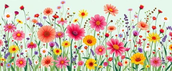 Obraz premium Whimsical, vibrant wildflowers in a continuous, flowing pattern, graphic, nature