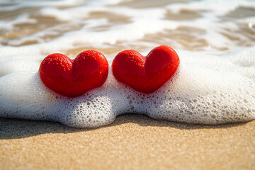 Fototapeta premium A close-up captures two shiny red heart-shaped objects resting on wet sand, with foamy ocean waves gently washing ashore in the background.