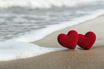 A close-up captures two shiny red heart-shaped objects resting on wet sand, with foamy ocean waves gently washing ashore in the background.