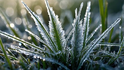 Close up view of frost covered grass blades glistening in the sunlight on a cold winter morning