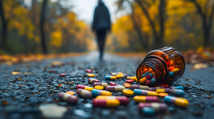 Conceptual illustration representing the path to recovery from drug and opioid addiction, symbolizing the challenges faced and triumphs achieved in breaking free from prescription pill dependency and 