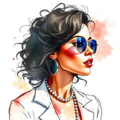A woman with a red lip and sunglasses is wearing a pearl necklace