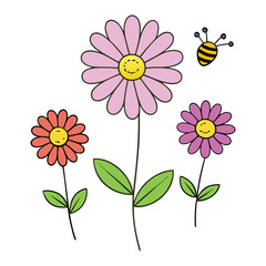 Vibrant spring flowers in full bloom attract buzzing bees with their sweet nectar and bright colors, creating a lively scene of pollination and renewal.
