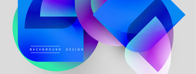 Abstract shapes overlap, creating vibrant color gradients. Modern design elements suggest fluidity, energy, innovation. Background features text labels.