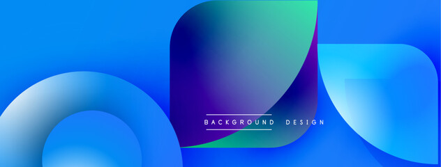 Abstract blue gradient shapes overlap. Modern design features smooth curves, vibrant colors, text reads background design.
