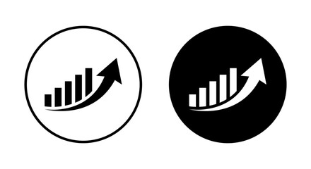 Bar graph with upward curved arrow. Growth, success, and progress symbol in black circle