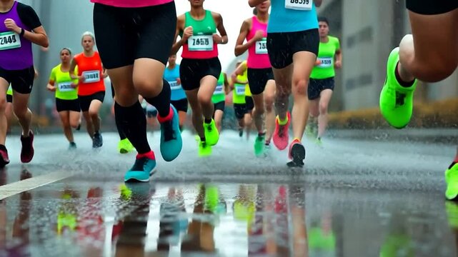 Ground level footage of runners with racing bibs, running on a wet street, with their reflections visible in the puddles, creating a dynamic and colorful scene. The runners' colorful sportswear adds - Powered by Adobe