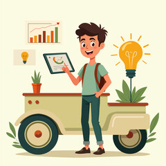 Business Owner Showcasing His Startup Growth and Success – Flat Vector Illustration