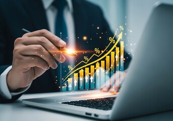 Businessman analyzing upward trending financial graph with percentage symbols on laptop screen with glowing effect