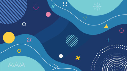 Abstract blue background with geometric shapes and fluid wavy elements