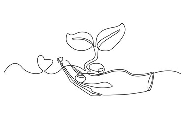 Hand holding plant with leaf in one continuous line drawing. Sprout tree and gardening symbol in simple linear style. Organic farm concept. Hand drawn one line vector. Editable stroke