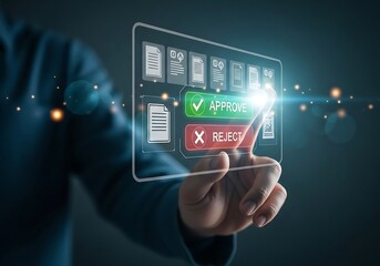Person s finger touching a digital interface with icons for documents and a choice between approve and reject buttons