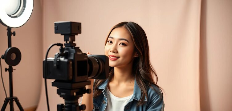 Asian female vlogger films beauty tutorial, ring light, casual outfit, studio,  video,   hands