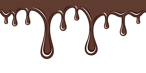Dripping chocolate melt border. Liquid sweet sauce or syrup flow for dessert background. Vector illustration isolated on a transparent background..