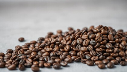 Fototapeta premium Dark brown coffee beans, close-up, scattered pile, rich earthy tones, light gray background, coffee beans, rich