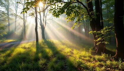 Obraz premium Misty spring woodland daybreak, sunlight dappling leaves, ambiance, mist