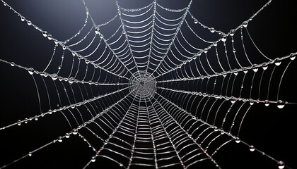 Une toile d'araign&eacute;e avec des gouttes d'eau sur un fond noir.