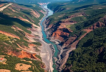 Aerial view of a devastated river valley, scarred by a massive coal mine landslide,  river valley,  environmental disaster