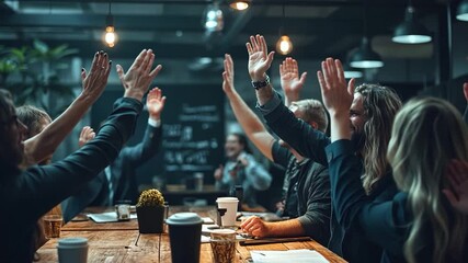A diverse team of professionals celebrates a success, raising their arms in unison around a wooden table. The room is lit by warm, inviting overhead lights and modern decoration - Powered by Adobe