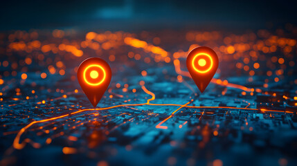 Detailed map highlighting a particular area with two bright pins marking start and end locations, symbolizing GPS navigation, precise route planning, and efficient directional guidance.