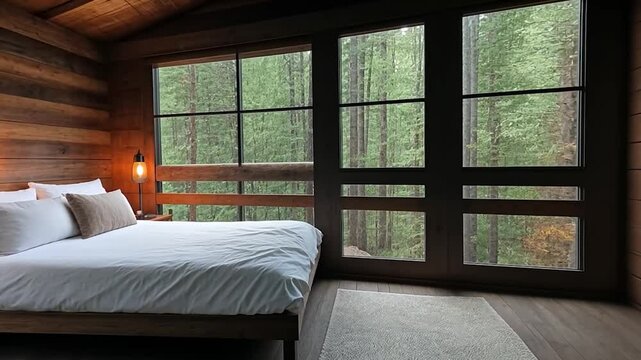 A cozy log cabin interior with a wooden daybed featuring white linens and pillows, and a rustic wood chest table adorned with books and candles, all illuminated by warm light from a hanging lamp