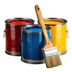 Three paint cans, red, blue, and yellow, with a paintbrush (3)