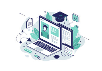 Modern minimalist vector symbolizing online education and digital knowledge transfer. Perfect for e-learning platforms