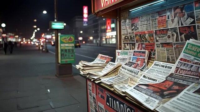An outdoor newsstand at night displays stacks of newspapers on a sidewalk. Traffic blurs in the background. The scene is set in an urban environment, capturing the ambiance of a city street after
