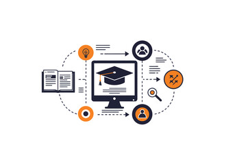 Illustration depicts online education with a computer, book, and related icons.