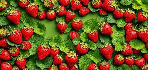 Vibrant red & green strawberry repeat pattern Lush leaves & ripe fruit fill frame, fresh, summer