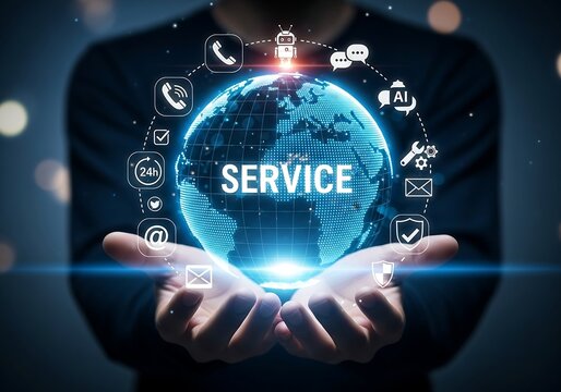 Global service network connecting people and technology with ai and communication icons