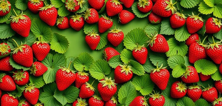 Vibrant red & green strawberry repeat pattern Lush leaves & ripe fruit fill frame, fresh, summer