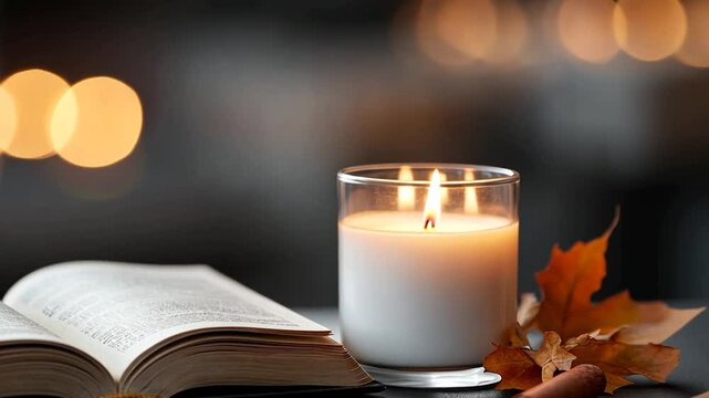 A cozy setup features an open book with visible text, a lit white candle in a clear glass jar, and autumn leaves. Soft, warm bokeh lights illuminate the dark background, casting a gentle glow and
