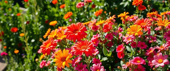 Naklejka premium Sun-drenched vibrant flower garden, lush greenery, day, wildflowers
