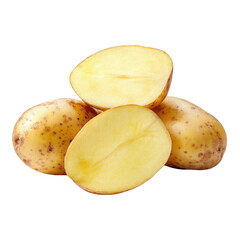 Three halved, light yellow potatoes with brown speckles