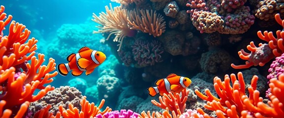 Playful clownfish amidst vibrant coral reef in crystal clear water,  wildlife,   wildlife photography
