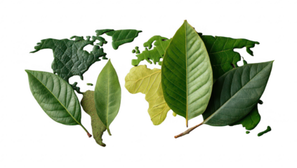 World map outlined by diverse green leaves