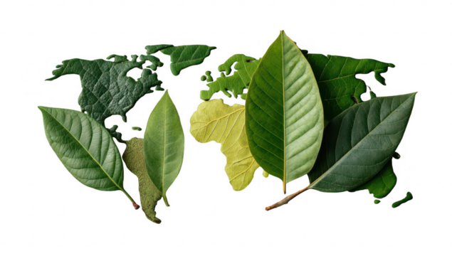 World map outlined by diverse green leaves