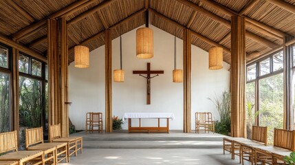 Light, airy chapel interior with exposed bamboo beams and natural light