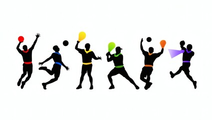 Silhouetted figures in motion, playing with colorful balls and rackets.