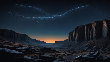 Obraz premium Drone Light Constellations over Basalt Cliffs Mimicking Islamic Star Maps 