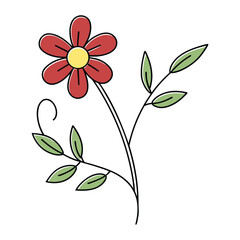 Whimsical hand drawn red flower with green leaves on white background