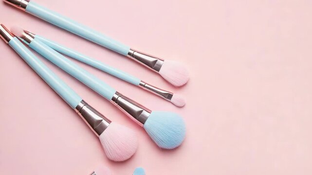 Pastel Cosmetic Brushes with Pink Bristles on a Soft Pink Background Top Down View
